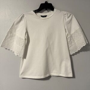 Lauren Ralph Lauren Womens White Eyelet Lace Sleeve T Shirt Top S 100% Cotton